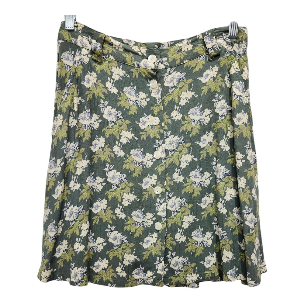 Vintage GAP Green Floral Mini Skirt Sz 6 Button Front Rayon Pockets Belt Loops
